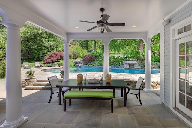 134 Nod Rd, Ridgefield, CT 06877 - view of patio / terrace featuring ceiling fan, an outdoor pool, and outdoor dining area