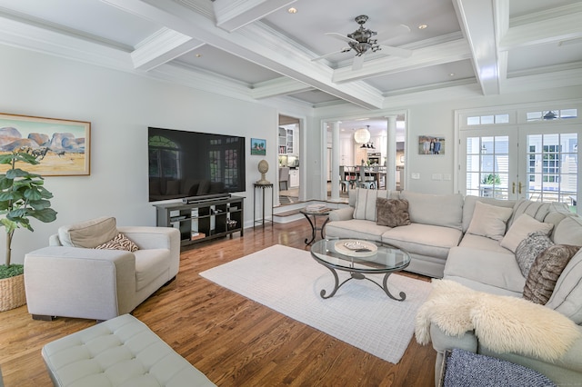 134 Nod Rd, Ridgefield, CT 06877 - living area featuring beamed ceiling, ceiling fan, ornamental molding, wood finished floors, and coffered ceiling
