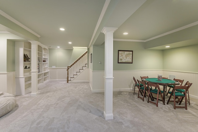 134 Nod Rd, Ridgefield, CT 06877 - carpeted dining area with ornate columns, wainscoting, ornamental molding, stairway, and recessed lighting