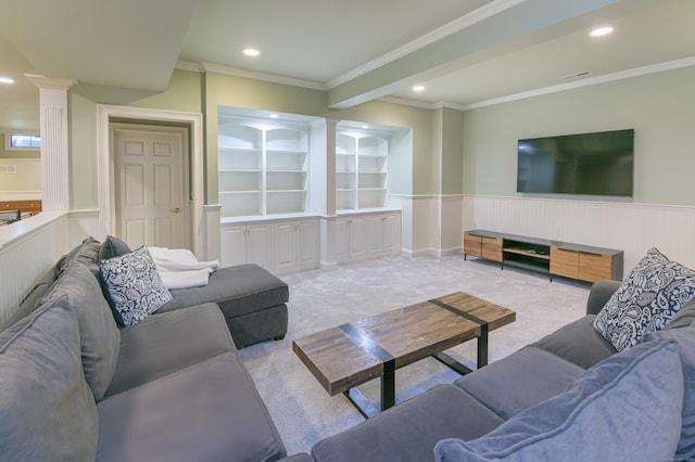 134 Nod Rd, Ridgefield, CT 06877 - carpeted living area with ornate columns, recessed lighting, a wainscoted wall, and ornamental molding