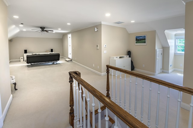 134 Nod Rd, Ridgefield, CT 06877 - hallway featuring recessed lighting, lofted ceiling, an upstairs landing, carpet floors, and baseboards