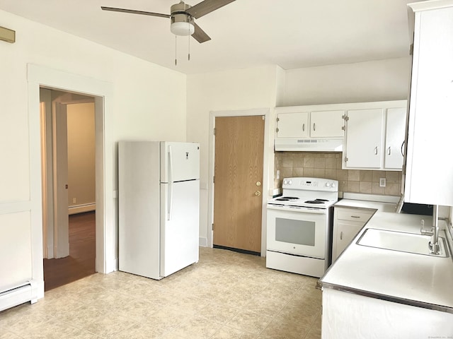 47 Beacon St, Hamden, CT 06514 - kitchen featuring white appliances, under cabinet range hood, a baseboard heating unit, and ceiling fan
