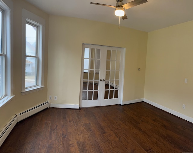 47 Beacon St, Hamden, CT 06514 - unfurnished room featuring a baseboard radiator, dark wood finished floors, ceiling fan, baseboards, and french doors