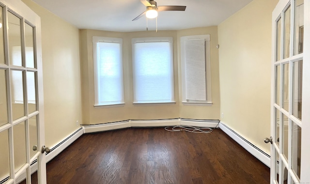 47 Beacon St, Hamden, CT 06514 - empty room with french doors, a ceiling fan, wood finished floors, baseboard heating, and baseboards