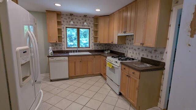 11 Twin Brooks Ln, Fairfield, CT 06824 - kitchen with white appliances, open shelves, a sink, dark countertops, and recessed lighting