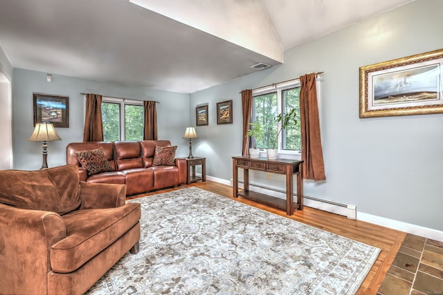 76 Crestwood Rd, Bethany, CT 06524 - living area featuring a baseboard radiator, baseboards, and lofted ceiling