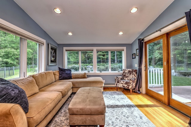 76 Crestwood Rd, Bethany, CT 06524 - living area with vaulted ceiling, plenty of natural light, wood finished floors, baseboard heating, and recessed lighting