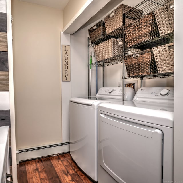 76 Crestwood Rd, Bethany, CT 06524 - washroom with washer and dryer, a baseboard radiator, and dark wood-type flooring