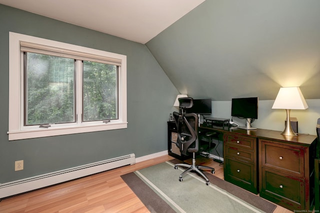 76 Crestwood Rd, Bethany, CT 06524 - office area with a baseboard heating unit, light wood-type flooring, lofted ceiling, and baseboards