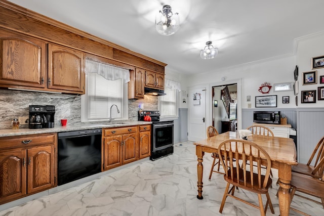 273 Piedmont St, Waterbury, CT 06706 - kitchen featuring black appliances, a sink, brown cabinetry, tasteful backsplash, and light marble finish flooring