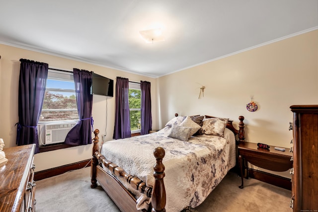 273 Piedmont St, Waterbury, CT 06706 - bedroom with light carpet, ornamental molding, and cooling unit