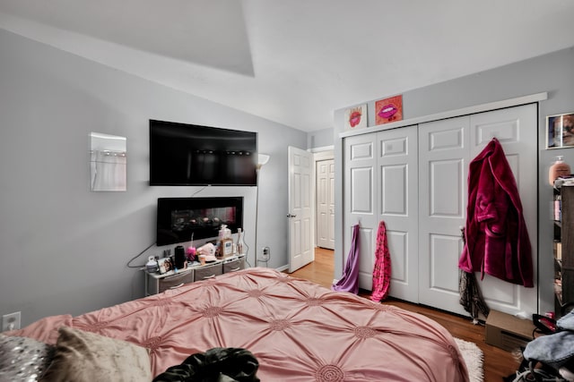 68 Round Tree Dr Unit 9, Naugatuck, CT 06770 - bedroom with wood finished floors, a closet, and lofted ceiling