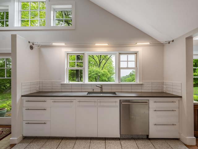 24 River Rd, Deep River, CT 06417 - kitchen with a sink, stainless steel dishwasher, dark countertops, lofted ceiling, and white cabinets