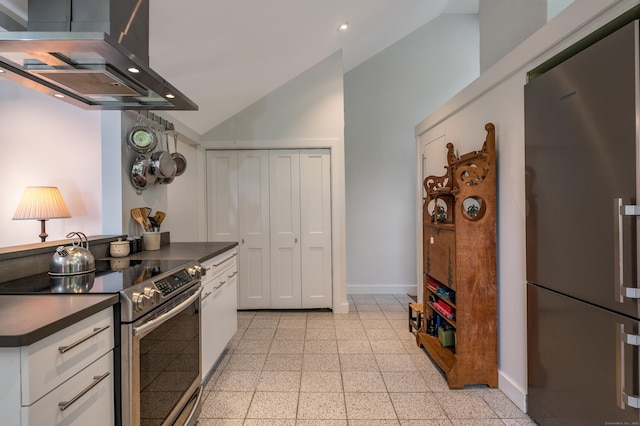 24 River Rd, Deep River, CT 06417 - kitchen featuring stainless steel appliances, ventilation hood, dark countertops, granite floors, and recessed lighting