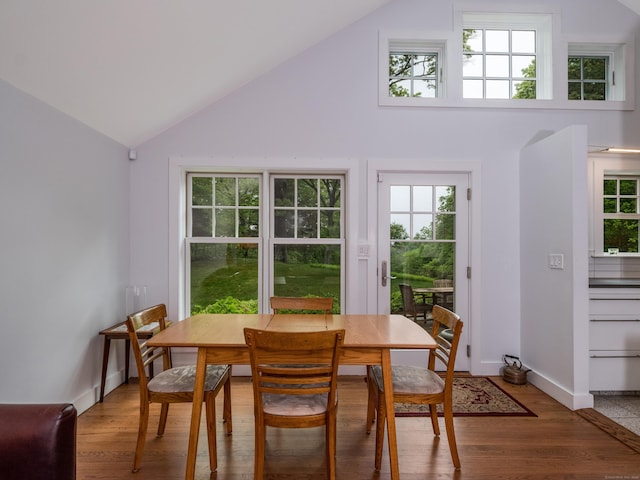 24 River Rd, Deep River, CT 06417 - dining space featuring healthy amount of natural light, light wood-style floors, high vaulted ceiling, and baseboards