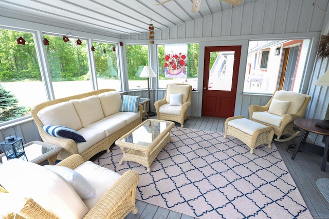 289 Woodchuck Ln, Harwinton, CT 06791 - sunroom featuring vaulted ceiling, ceiling fan, and outdoor lounge area