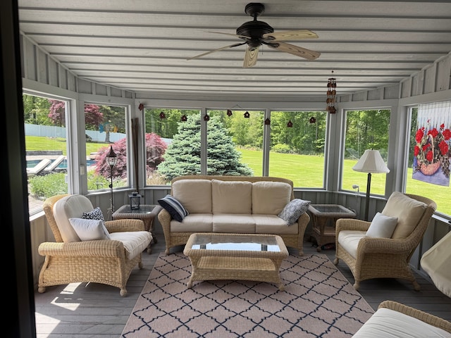 289 Woodchuck Ln, Harwinton, CT 06791 - sunroom featuring ceiling fan and an outdoor living space