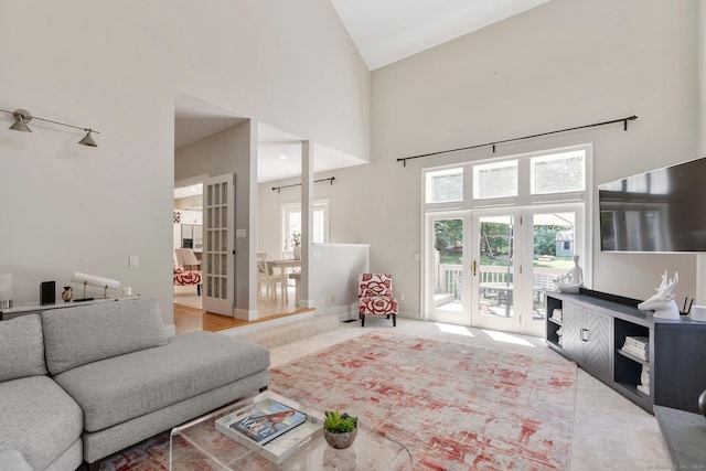 67 Old Farms Rd, Glastonbury, CT 06073 - living room featuring french doors, a towering ceiling, and carpet flooring