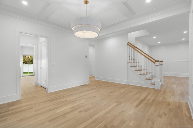 45 Robin Cir, Fairfield, CT 06824 - empty room featuring light wood finished floors, crown molding, coffered ceiling, stairs, and recessed lighting