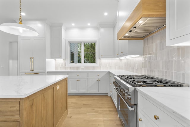 45 Robin Cir, Fairfield, CT 06824 - kitchen with custom exhaust hood, stainless steel stove, white cabinets, light wood-style floors, and decorative backsplash