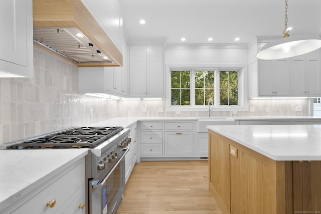 45 Robin Cir, Fairfield, CT 06824 - kitchen with custom range hood, high end stainless steel range, a sink, light stone countertops, and white cabinetry
