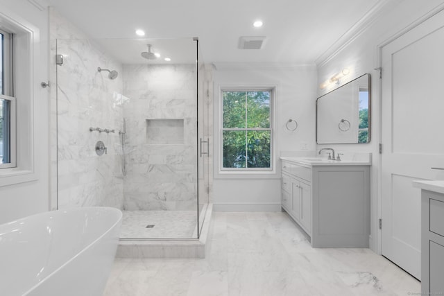 45 Robin Cir, Fairfield, CT 06824 - full bathroom featuring vanity, a marble finish shower, a soaking tub, marble finish flooring, and crown molding