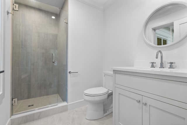 45 Robin Cir, Fairfield, CT 06824 - bathroom with vanity, toilet, a stall shower, baseboards, and tile patterned flooring