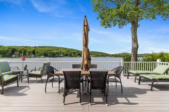200 Perch Rock Trl, Winchester, CT 06098 - wooden deck with a water view, outdoor dining area, and a view of trees