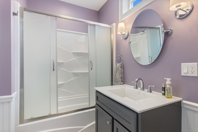 200 Perch Rock Trl, Winchester, CT 06098 - full bathroom featuring a wainscoted wall, vanity, combined bath / shower with glass door, and a decorative wall