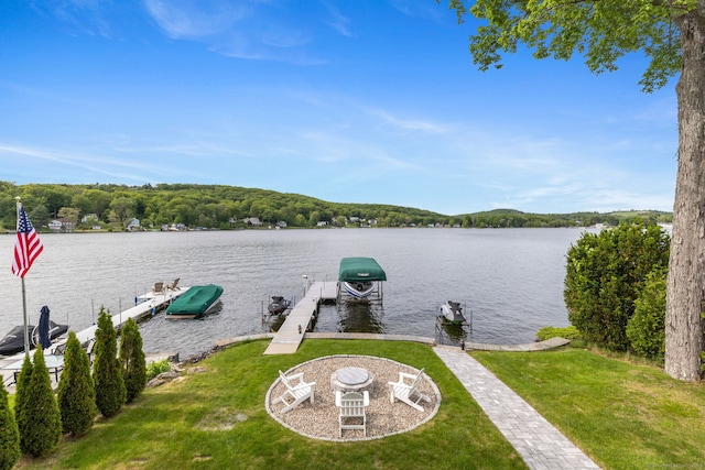 200 Perch Rock Trl, Winchester, CT 06098 - dock area featuring boat lift, a water view, and a yard