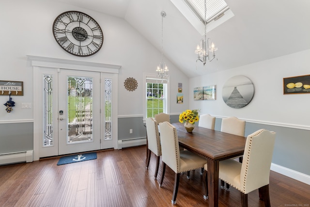 200 Perch Rock Trl, Winchester, CT 06098 - dining room featuring a baseboard heating unit, a chandelier, high vaulted ceiling, wood finished floors, and baseboards