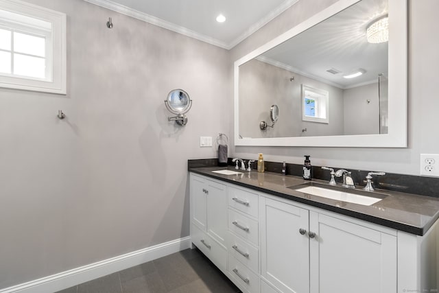 200 Perch Rock Trl, Winchester, CT 06098 - bathroom with baseboards, double vanity, ornamental molding, and recessed lighting