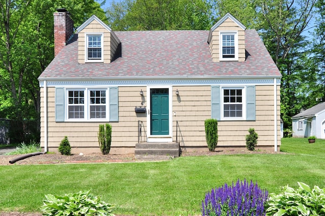 6 Lennox Ave, Windsor, CT 06095 - cape cod-style house with a chimney, a front yard, a shingled roof, and entry steps
