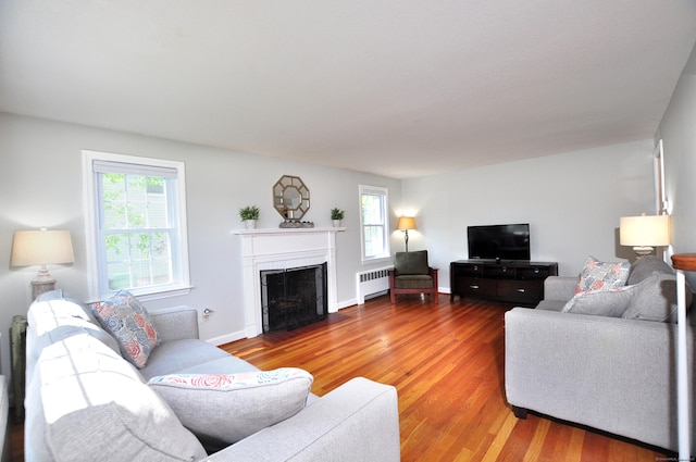 6 Lennox Ave, Windsor, CT 06095 - living area with radiator heating unit, wood finished floors, and a fireplace with flush hearth