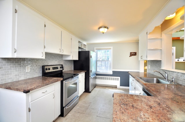6 Lennox Ave, Windsor, CT 06095 - kitchen with stainless steel appliances, radiator, open shelves, white cabinets, and tasteful backsplash