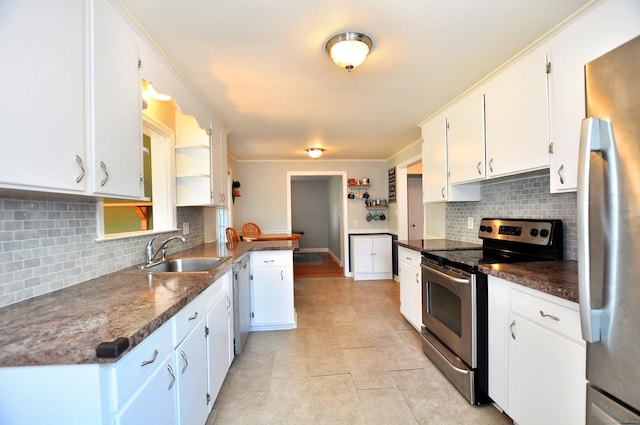 6 Lennox Ave, Windsor, CT 06095 - kitchen featuring appliances with stainless steel finishes, open shelves, white cabinetry, decorative backsplash, and dark countertops