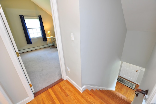 6 Lennox Ave, Windsor, CT 06095 - stairs with baseboard heating, lofted ceiling, and wood finished floors