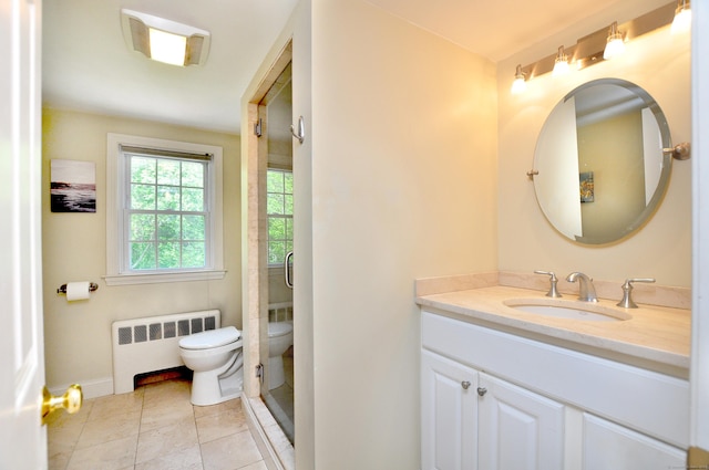 6 Lennox Ave, Windsor, CT 06095 - bathroom with radiator heating unit, vanity, an enclosed shower, and tile patterned flooring