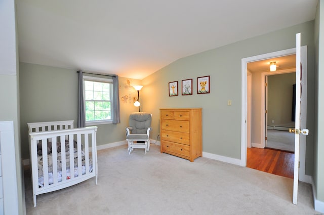 6 Lennox Ave, Windsor, CT 06095 - bedroom featuring carpet flooring, vaulted ceiling, a baseboard radiator, and a crib