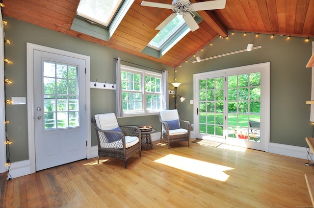 6 Lennox Ave, Windsor, CT 06095 - sitting room featuring a ceiling fan, wooden ceiling, plenty of natural light, wood finished floors, and a skylight