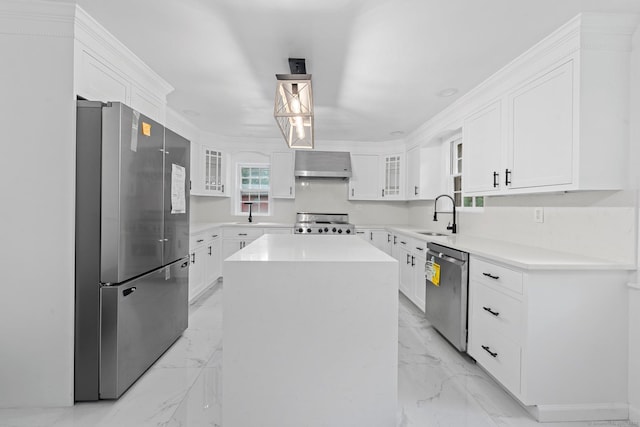 2921 Nichols Ave, Trumbull, CT 06611 - kitchen featuring appliances with stainless steel finishes, exhaust hood, a sink, glass insert cabinets, and crown molding