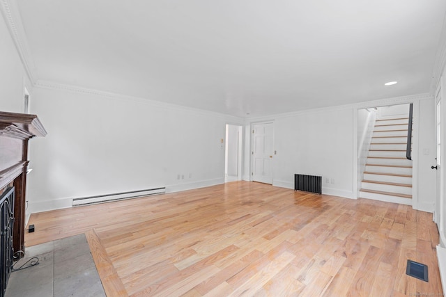 2921 Nichols Ave, Trumbull, CT 06611 - unfurnished living room with a baseboard heating unit, stairs, wood finished floors, a fireplace, and crown molding