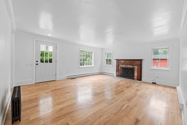 2921 Nichols Ave, Trumbull, CT 06611 - unfurnished living room with ornamental molding, wood finished floors, a fireplace with flush hearth, a baseboard heating unit, and baseboards