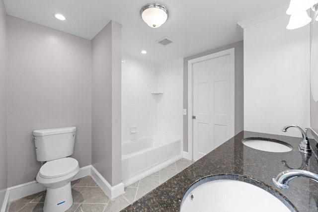 2921 Nichols Ave, Trumbull, CT 06611 - full bathroom featuring toilet, baseboards, double vanity, tub / shower combination, and recessed lighting