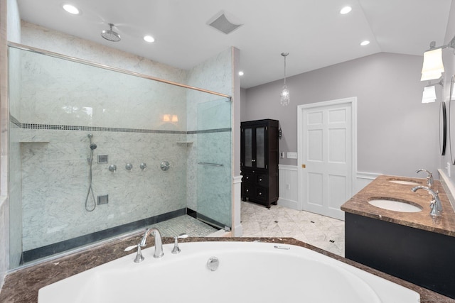 2921 Nichols Ave, Trumbull, CT 06611 - full bathroom featuring a shower stall, a bath, recessed lighting, double vanity, and vaulted ceiling
