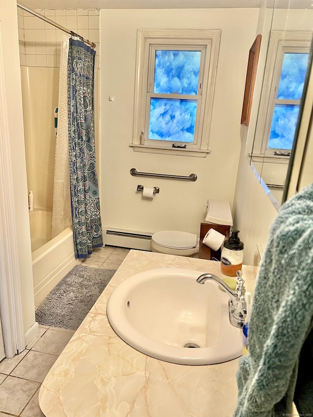 full bath featuring a baseboard radiator, a sink, tile patterned flooring, shower / bath combination with curtain, and toilet