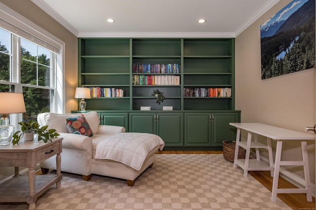 3 Prospect Rdg, Simsbury, CT 06070 - living area with ornamental molding, built in shelves, recessed lighting, and light wood-style flooring