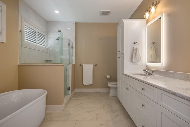 3 Prospect Rdg, Simsbury, CT 06070 - full bathroom featuring marble look tile flooring, a shower stall, a freestanding bath, vanity, and baseboards