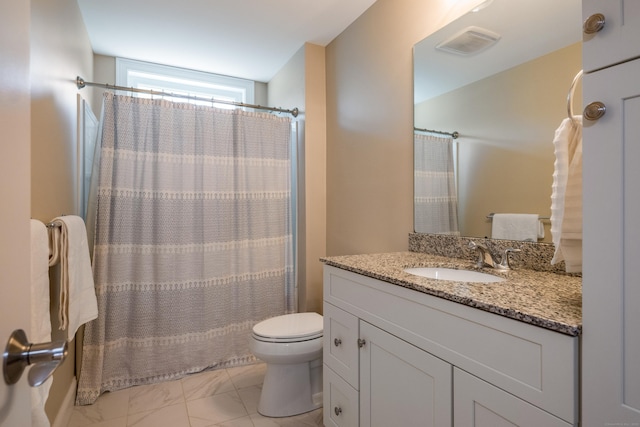 3 Prospect Rdg, Simsbury, CT 06070 - bathroom featuring marble finish floors, toilet, vanity, and curtained shower