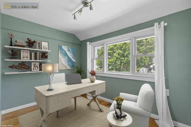 62 Surf Ave, Milford, CT 06460 - office area featuring baseboards, lofted ceiling, wood finished floors, and track lighting